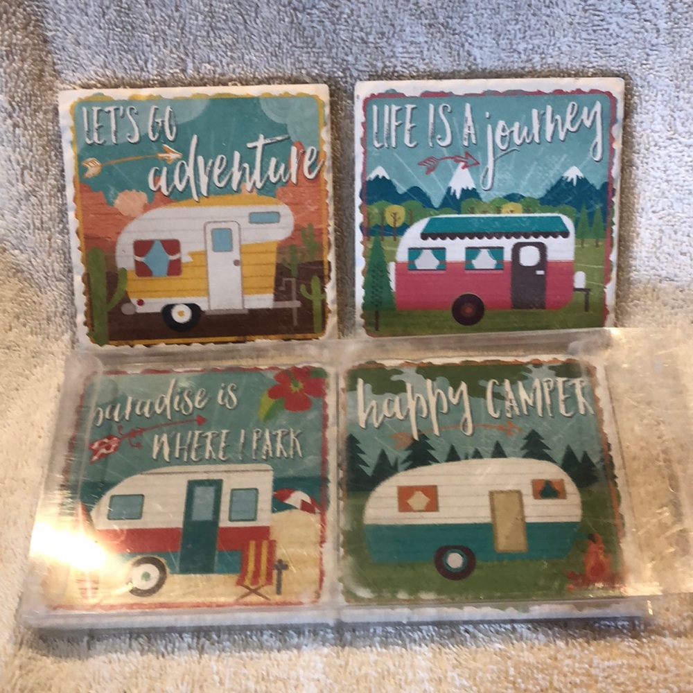NWOT counterart happy camper’s multi image absorbent stone tumbled tile coasters